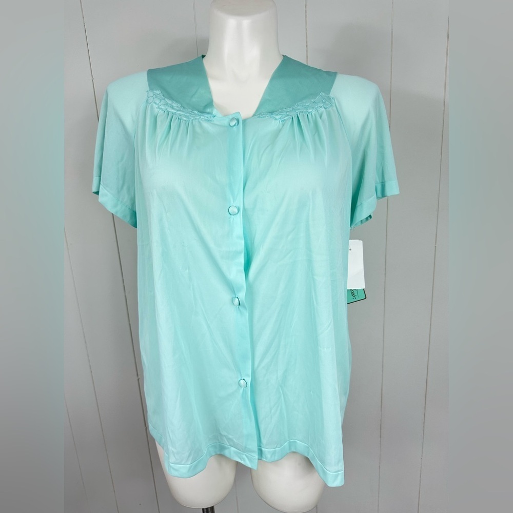 NWT Vanity Fair Nylon Light Blue Button Down Women's Pajamas Top Size L